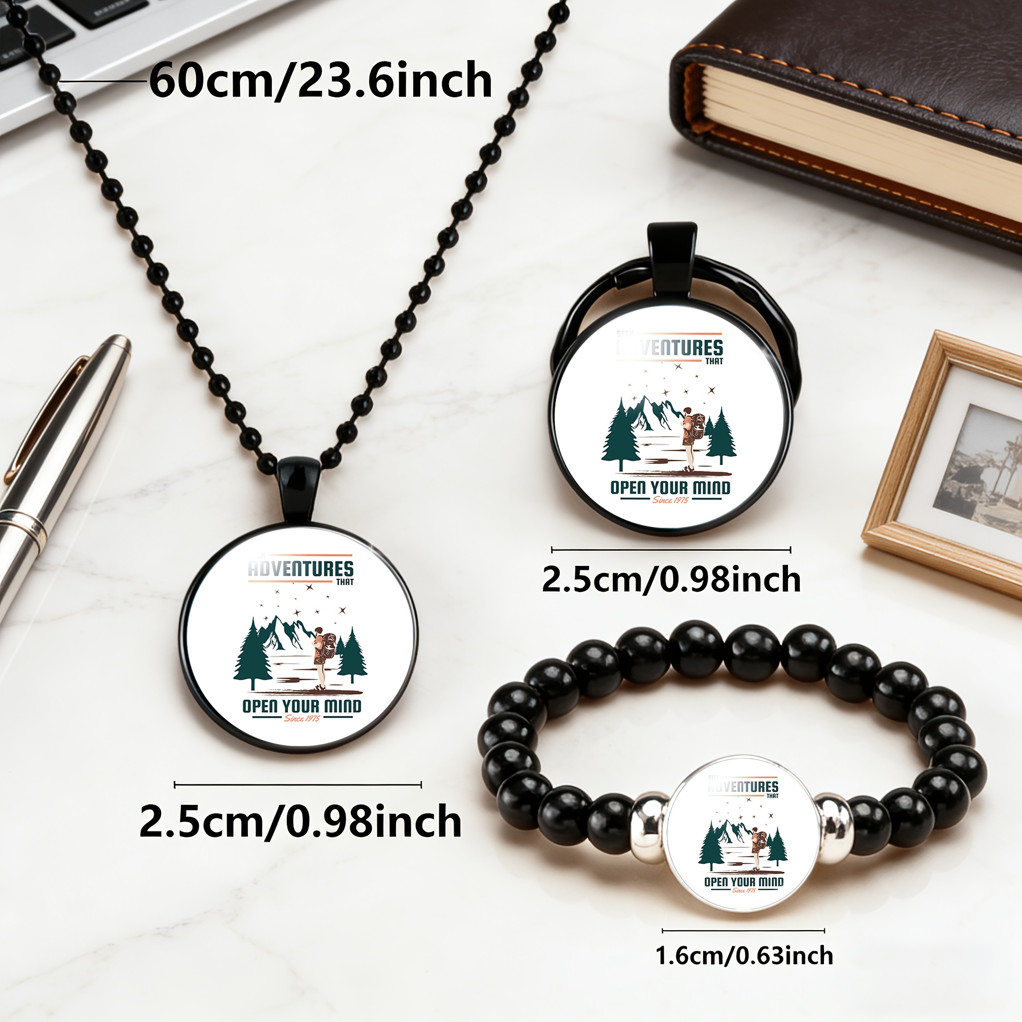 3pc Round Glass Patterned Necklace, Bracelet & Keychain Set